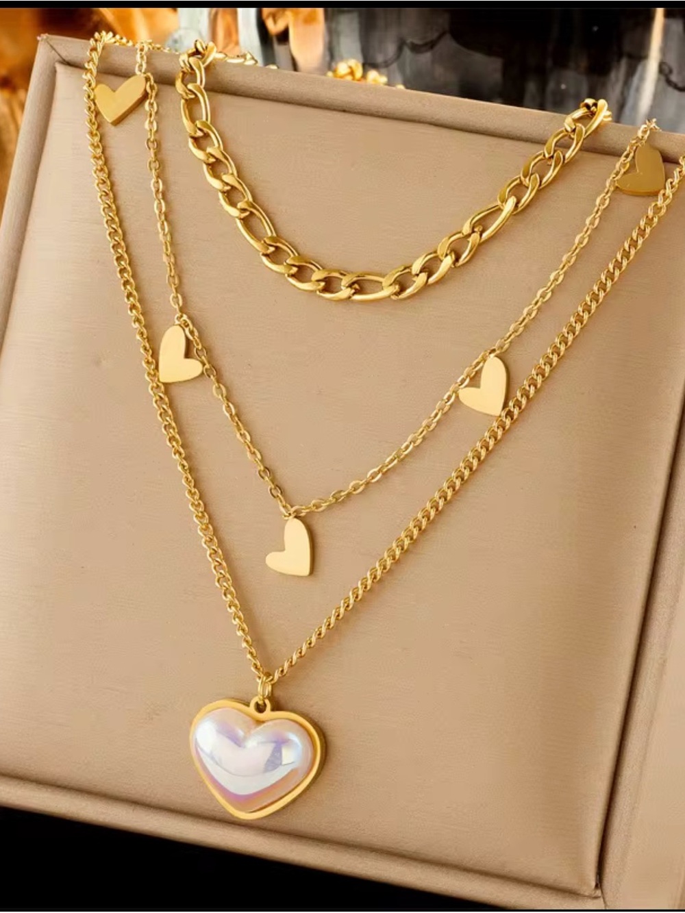 Gold-Tone Layered Heart Necklace Set with Iridescent Pendant